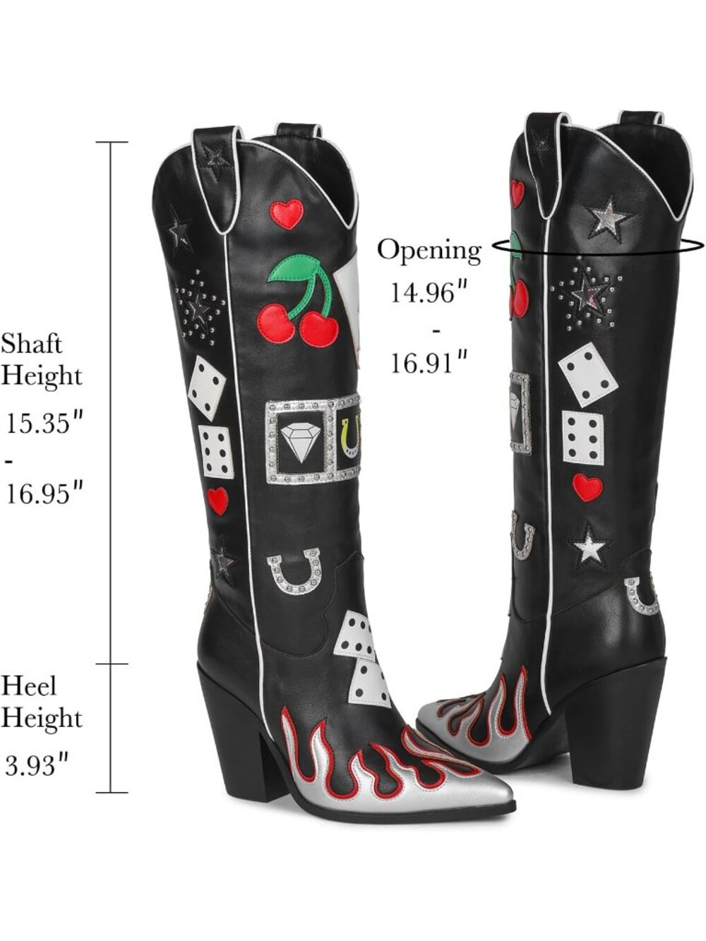 Women's Black Multi Element Western Knee High Slip On Pointed Toe Cowgirl Boots - Picture 5 of 6